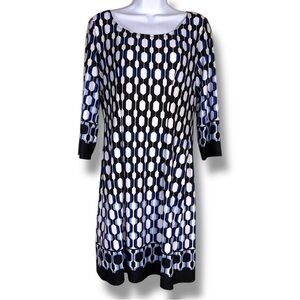 Small AB Studio Blue White Black Dot Print Dress Stretch Event Party Long Sleeve